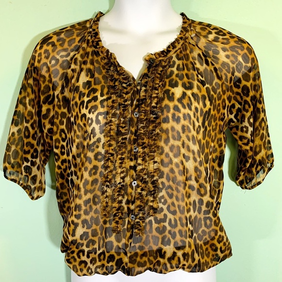 Express animal print ruffled blouse sheer chiffon ruffled front sz S - Picture 1 of 10